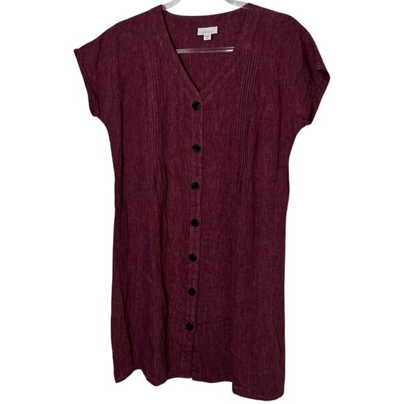 J. Jill Love Linen A-Line Dress Women's Size S/P Burgundy Short Sleeve V-Neck - Picture 2 of 7